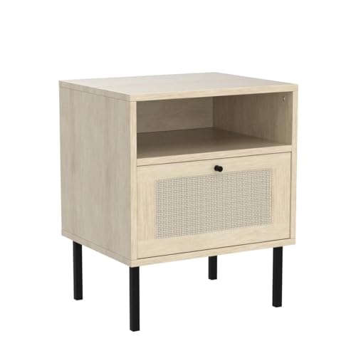 Lamerge Rattan Nightstand Set of 2, Wooden End Table, Modern Side Table with 2 Storage Drawer, Accent Table for Living Room, Bedroom and Small Spaces, Black