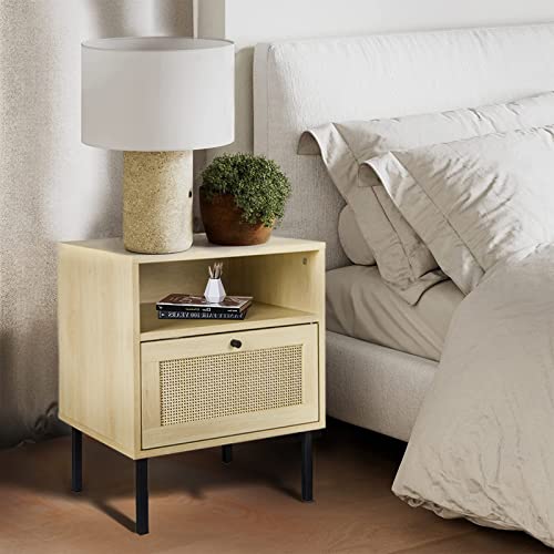 Lamerge Rattan Nightstand Set of 2, Wooden End Table, Modern Side Table with 2 Storage Drawer, Accent Table for Living Room, Bedroom and Small Spaces, Black