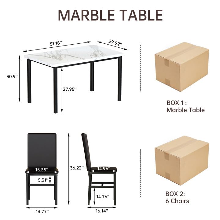 Hooseng 7-Piece Dining Table Set with Faux Marble Table top with 6 PU Leather Chairs