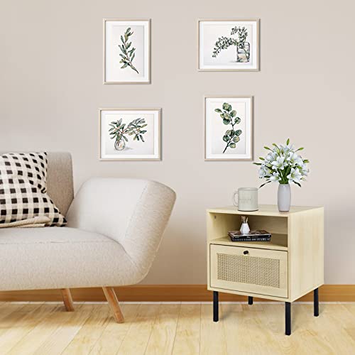 Lamerge Rattan Nightstand Set of 2, Wooden End Table, Modern Side Table with 2 Storage Drawer, Accent Table for Living Room, Bedroom and Small Spaces, Black