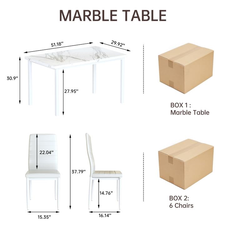 Hooseng 7-Piece Dining Table Set with Faux Marble Table top with 6 PU Leather Chairs