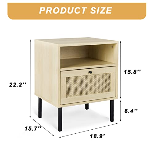 Lamerge Rattan Nightstand Set of 2, Wooden End Table, Modern Side Table with 2 Storage Drawer, Accent Table for Living Room, Bedroom and Small Spaces, Black