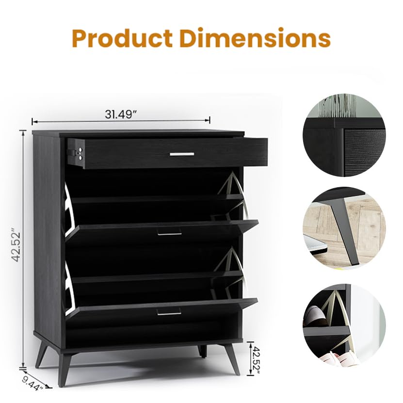 Lamerge Shoe Storage Cabinet for Entryway, Free Standing Shoe Organizer with 2 Flip Drawers,Hidden Shoe Rack Storage Organizer for Doorway Hallway, Black