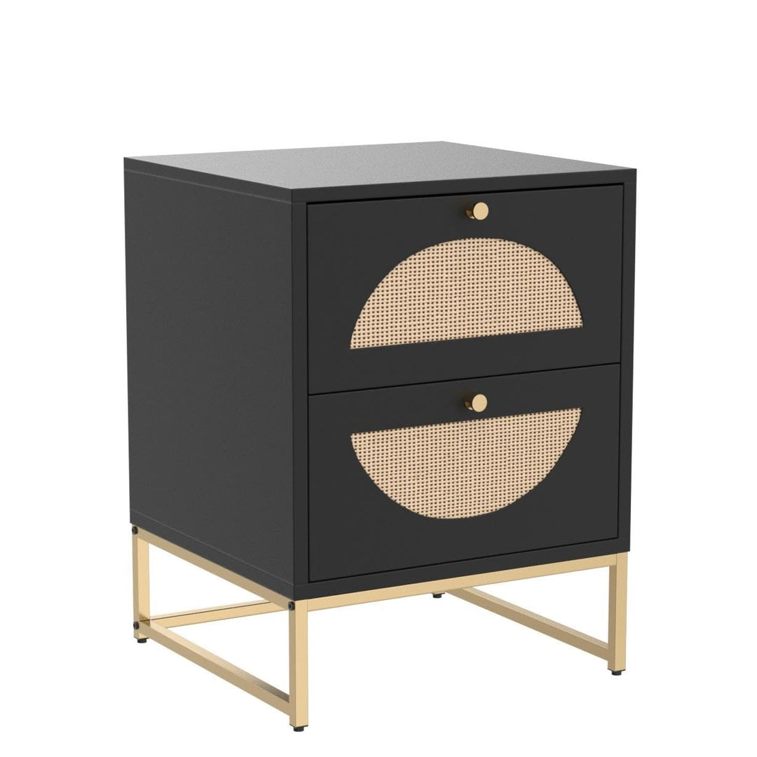 Lamerge Rattan Nightstand Set of 2, Wooden End Table, Modern Side Table with 2 Storage Drawer, Accent Table for Living Room, Bedroom and Small Spaces, Black