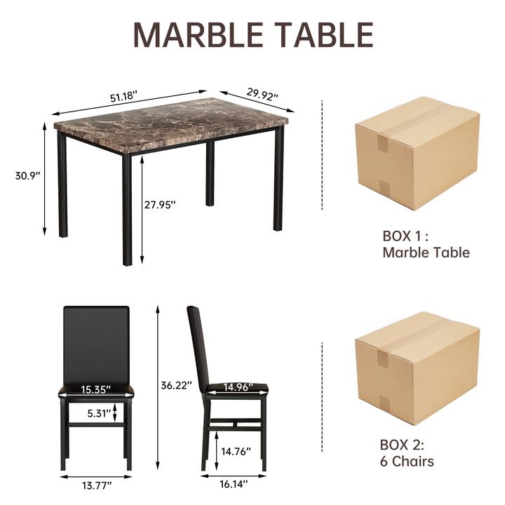 Hooseng 7-Piece Dining Table Set with Faux Marble Table top with 6 PU Leather Chairs
