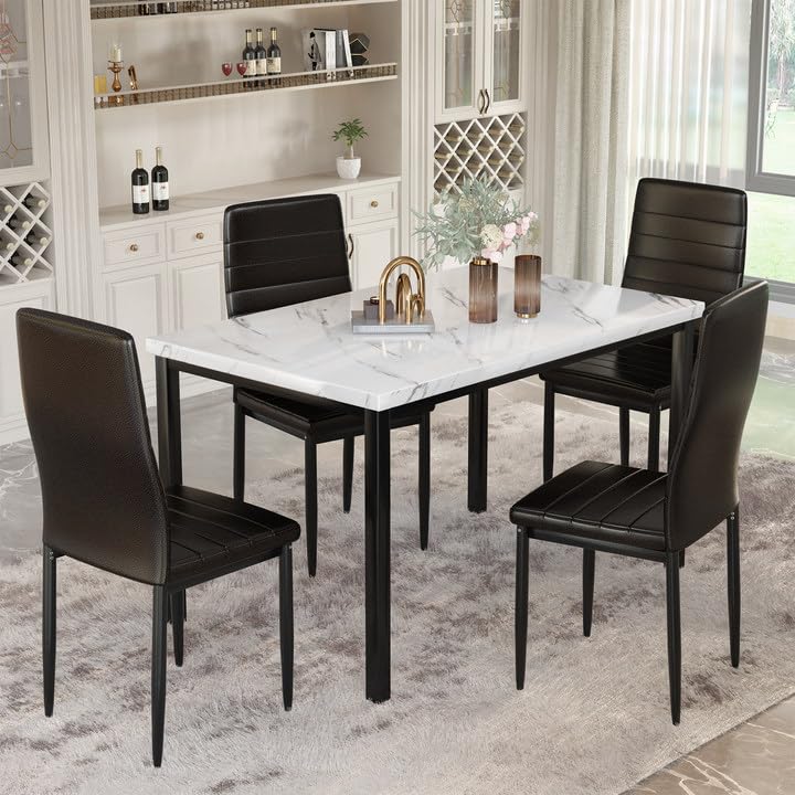 Hooseng 7-Piece Dining Table Set with Faux Marble Table top with 6 PU Leather Chairs