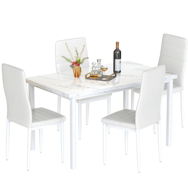 Hooseng 7-Piece Dining Table Set with Faux Marble Table top with 6 PU Leather Chairs