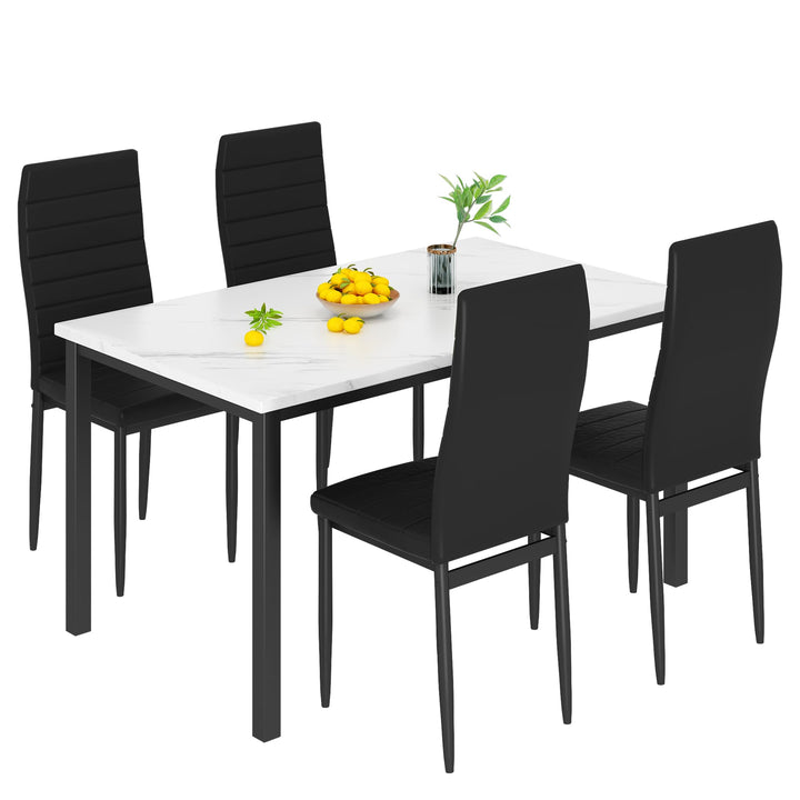 Lamerge Kitchen Tables Set for 4, Dining Faux Marble Top Table and 4 PU Leather Chairs, 5 Pieces Dining Room Table Set for Small Space, Breakfast Nook and Apartment,White+beige,Dining Table024