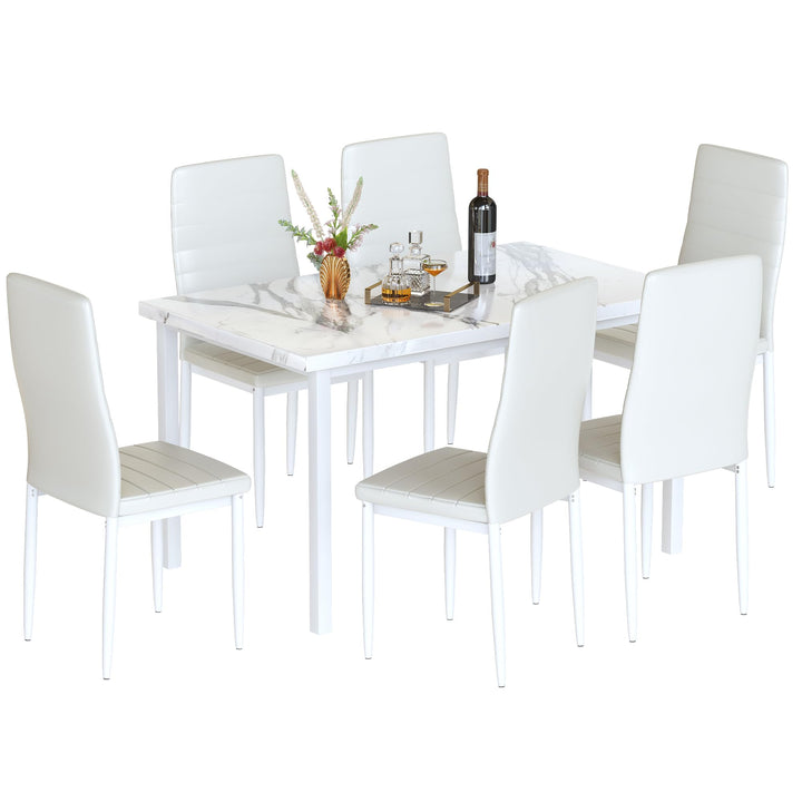 Hooseng 7-Piece Dining Table Set with Faux Marble Table top with 6 PU Leather Chairs