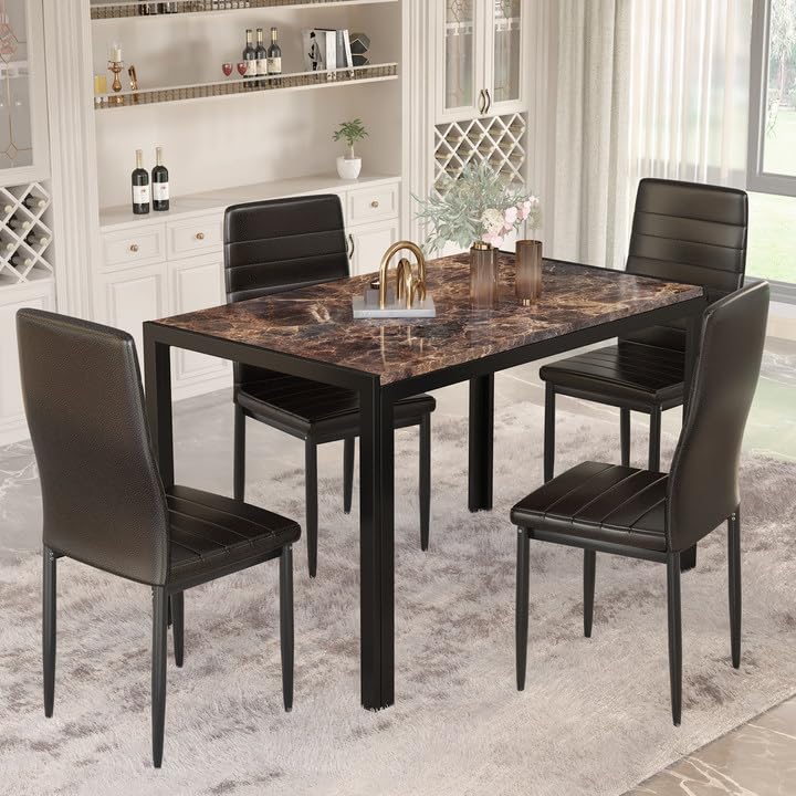 Hooseng 7-Piece Dining Table Set with Faux Marble Table top with 6 PU Leather Chairs