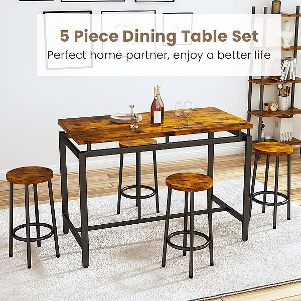 Lamerge Counter Height Dining Table & Chairs Set for 4,5 Piece Bar Table Set,Wood Kitchen Table & 4 Bar Stools for Small Spaces,Apartment, Pub,Dining Room,Rustic Brown, LCHD-RB