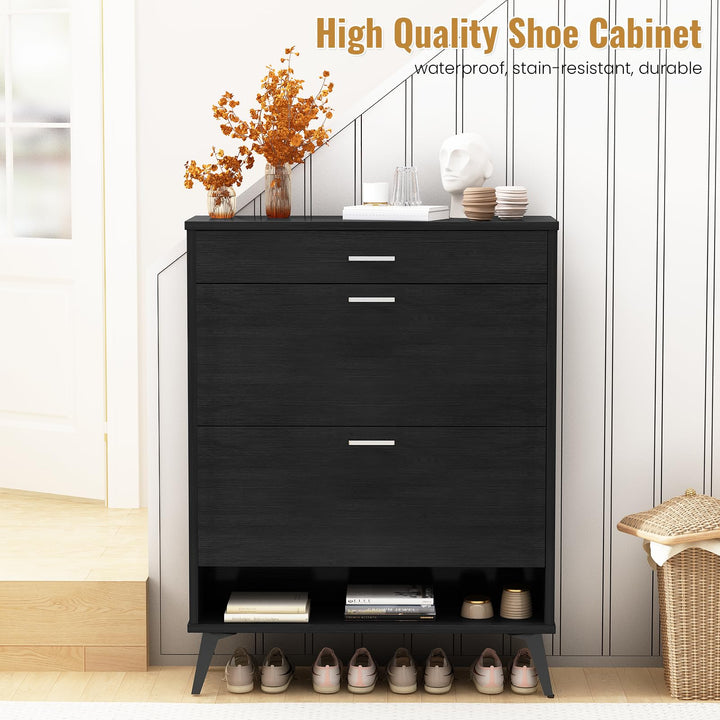 Lamerge Shoe Storage Cabinet for Entryway, Free Standing Shoe Organizer with 2 Flip Drawers,Hidden Shoe Rack Storage Organizer for Doorway Hallway, Black