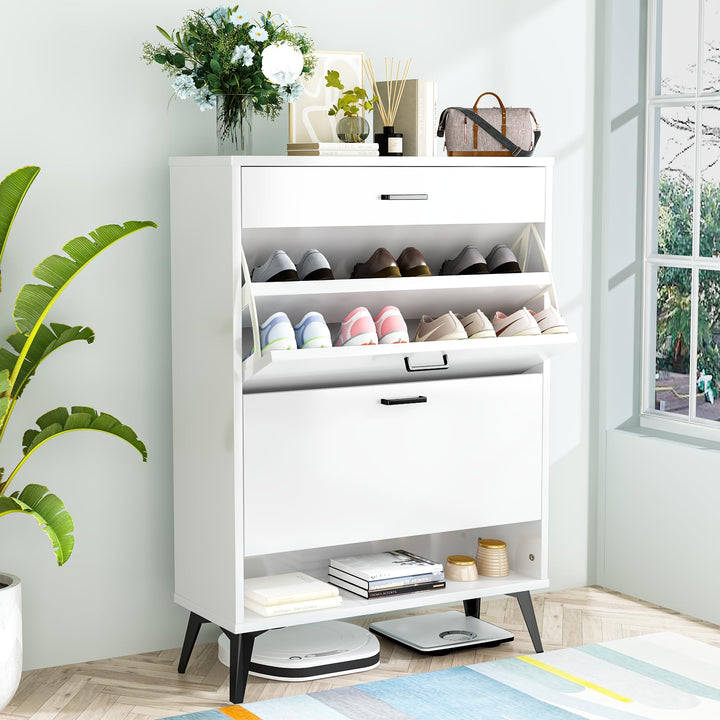 Lamerge Shoe Storage Cabinet for Entryway, Free Standing Shoe Organizer with 2 Flip Drawers,Hidden Shoe Rack Storage Organizer for Doorway Hallway, Black