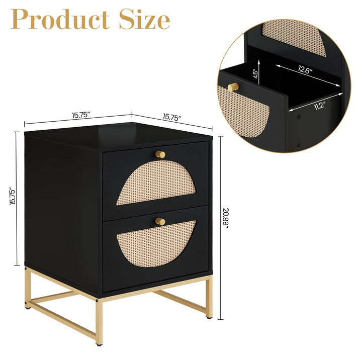 Lamerge Rattan Nightstand Set of 2, Wooden End Table, Modern Side Table with 2 Storage Drawer, Accent Table for Living Room, Bedroom and Small Spaces, Black