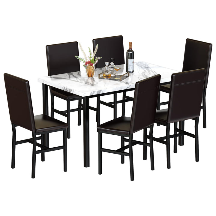 Hooseng 7-Piece Dining Table Set with Faux Marble Table top with 6 PU Leather Chairs