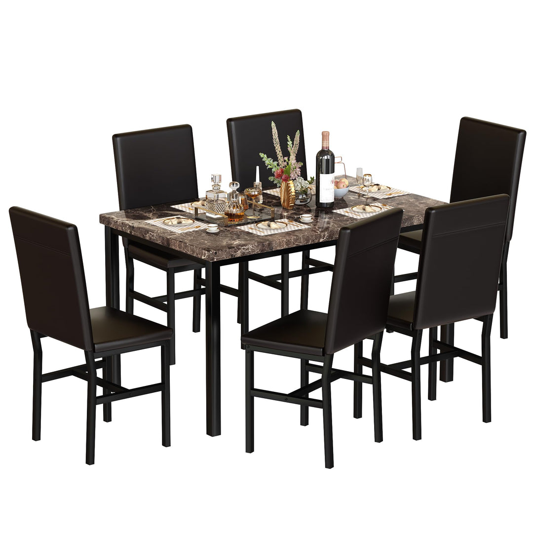Hooseng 7-Piece Dining Table Set with Faux Marble Table top with 6 PU Leather Chairs