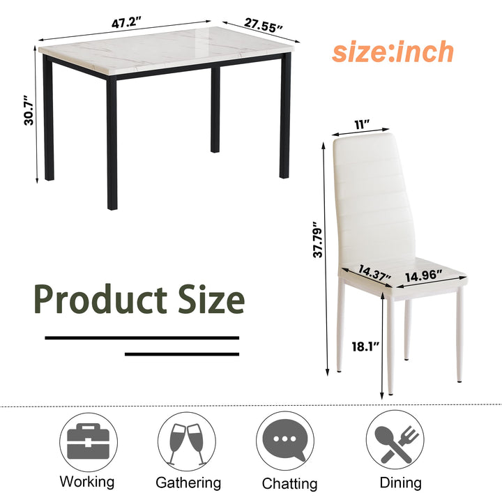 Lamerge Kitchen Tables Set for 4, Dining Faux Marble Top Table and 4 PU Leather Chairs, 5 Pieces Dining Room Table Set for Small Space, Breakfast Nook and Apartment,White+beige,Dining Table024