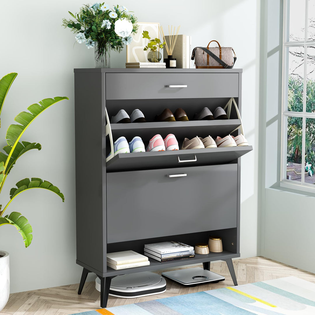 Lamerge Shoe Storage Cabinet for Entryway, Free Standing Shoe Organizer with 2 Flip Drawers,Hidden Shoe Rack Storage Organizer for Doorway Hallway, Black