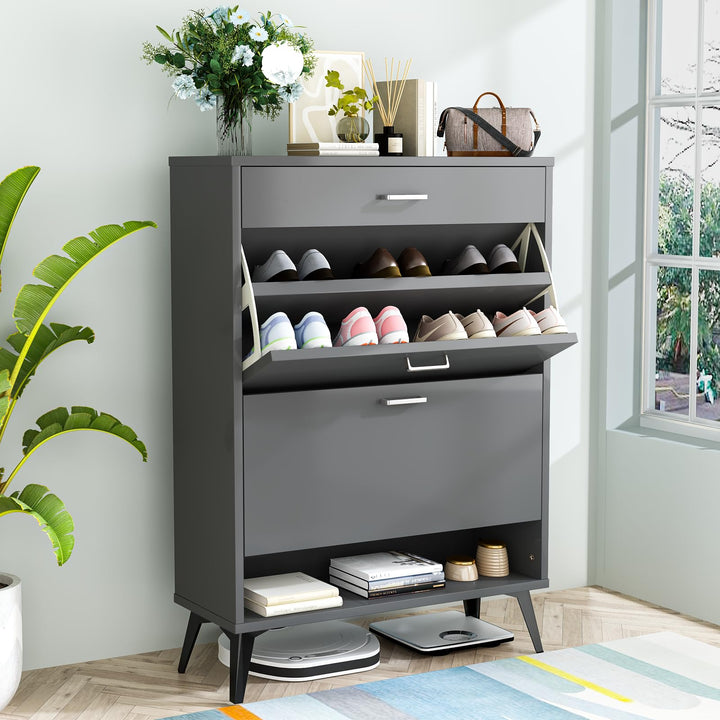 Lamerge Shoe Storage Cabinet for Entryway, Free Standing Shoe Organizer with 2 Flip Drawers,Hidden Shoe Rack Storage Organizer for Doorway Hallway, Black