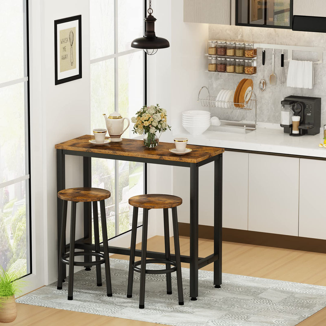 Lamerge Industrial Pub Height Table with 2 PU Upholstered Stools,3-Piece Kitchen Table and Chairs,Suit for Dining Room & Living Room & Breakfast Nook & Bistro,Bar Table Set for 2,Brown & Black,39.3"