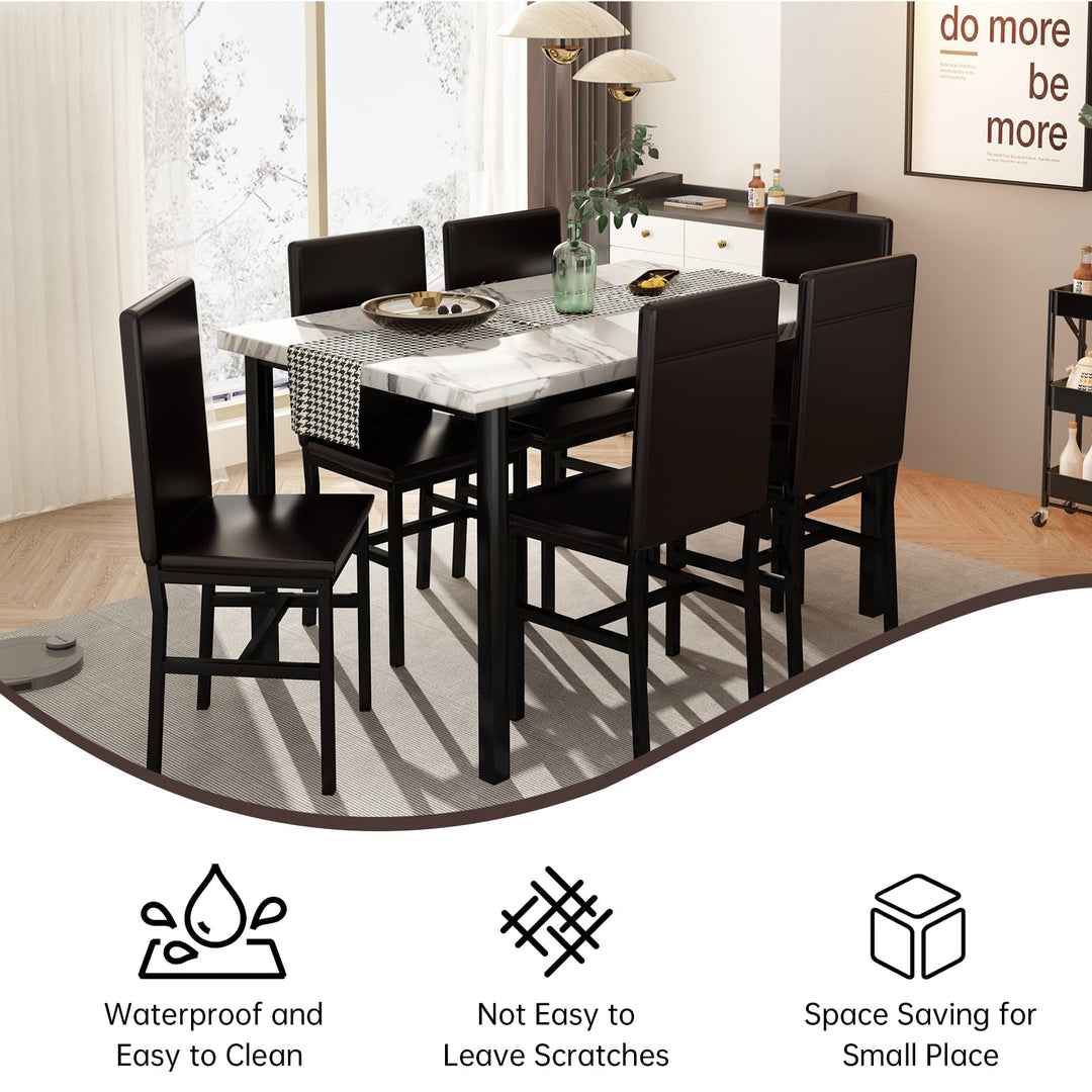 Hooseng 7-Piece Dining Table Set with Faux Marble Table top with 6 PU Leather Chairs