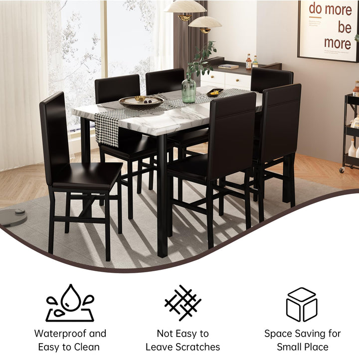 Hooseng 7-Piece Dining Table Set with Faux Marble Table top with 6 PU Leather Chairs