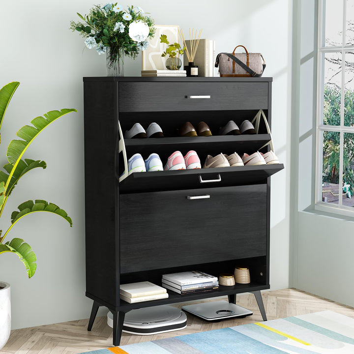 Lamerge Shoe Storage Cabinet for Entryway, Free Standing Shoe Organizer with 2 Flip Drawers,Hidden Shoe Rack Storage Organizer for Doorway Hallway, Black