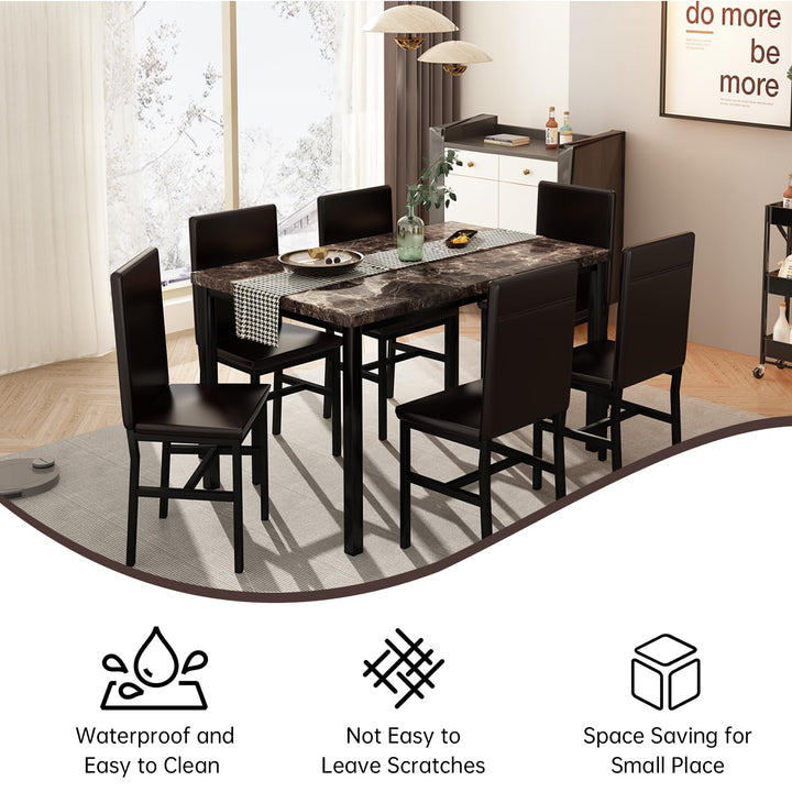 Hooseng 7-Piece Dining Table Set with Faux Marble Table top with 6 PU Leather Chairs