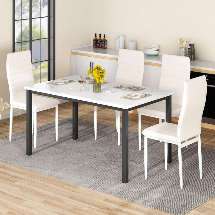 Lamerge Kitchen Tables Set for 4, Dining Faux Marble Top Table and 4 PU Leather Chairs, 5 Pieces Dining Room Table Set for Small Space, Breakfast Nook and Apartment,White+beige,Dining Table024