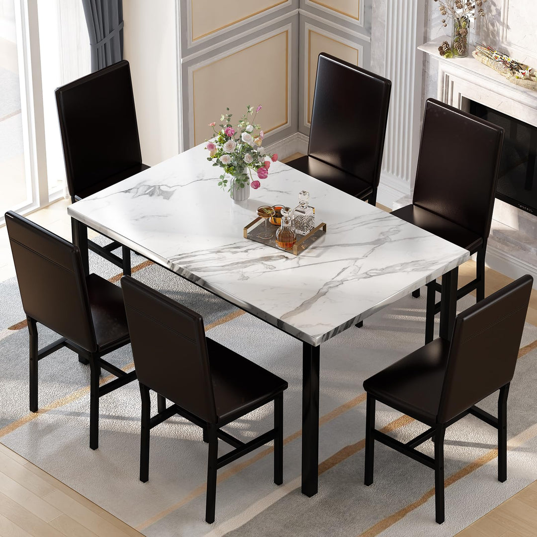 Hooseng 7-Piece Dining Table Set with Faux Marble Table top with 6 PU Leather Chairs