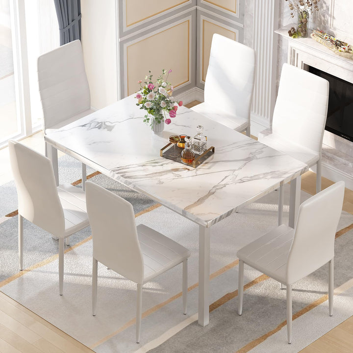 Hooseng 7-Piece Dining Table Set with Faux Marble Table top with 6 PU Leather Chairs
