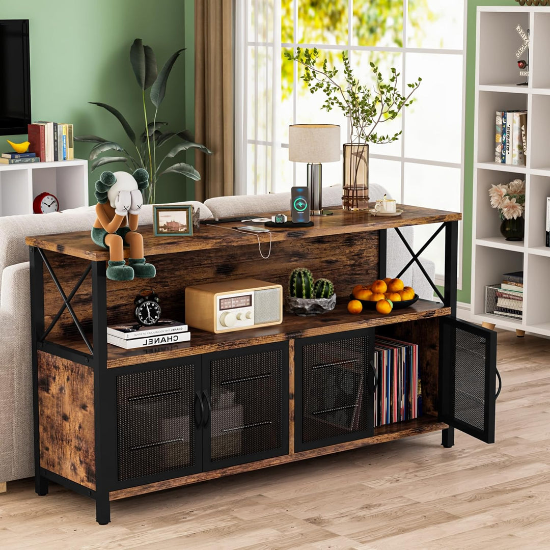 Lamerge Vintage Kitchen Freestanding Storage Organizer, Farmhouse Buffet Sideboard with Power Outlets and USB Ports, Large Side Cabinet with Doors, Accent Cabinet for Kitchen Wine Liquor Bar Buffet