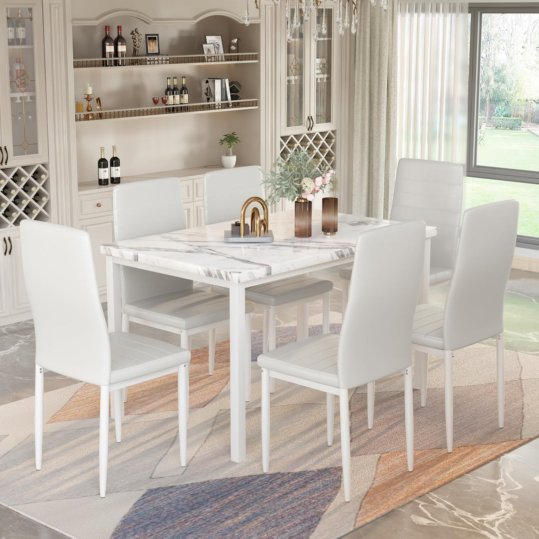 Hooseng 7-Piece Dining Table Set with Faux Marble Table top with 6 PU Leather Chairs