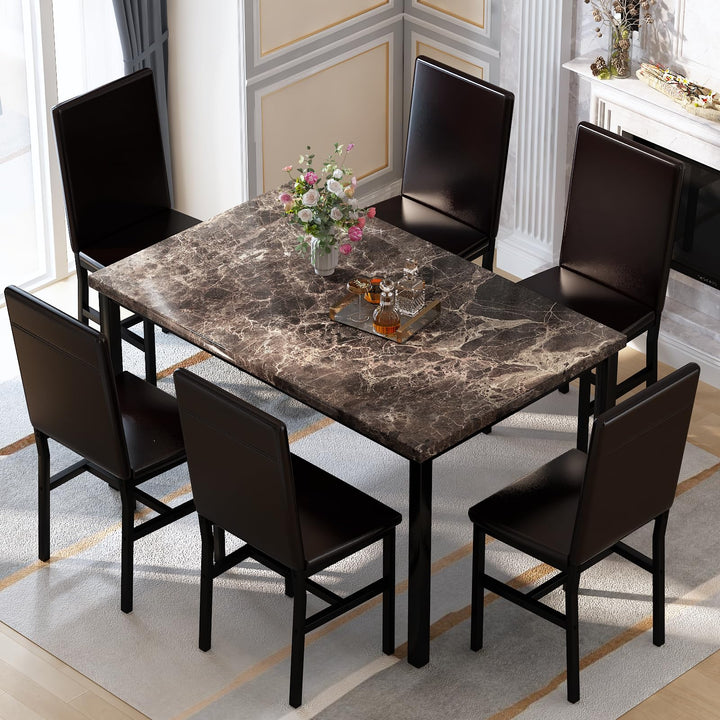 Hooseng 7-Piece Dining Table Set with Faux Marble Table top with 6 PU Leather Chairs