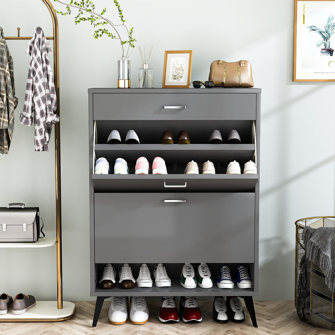 Lamerge Shoe Storage Cabinet for Entryway, Free Standing Shoe Organizer with 2 Flip Drawers,Hidden Shoe Rack Storage Organizer for Doorway Hallway, Black