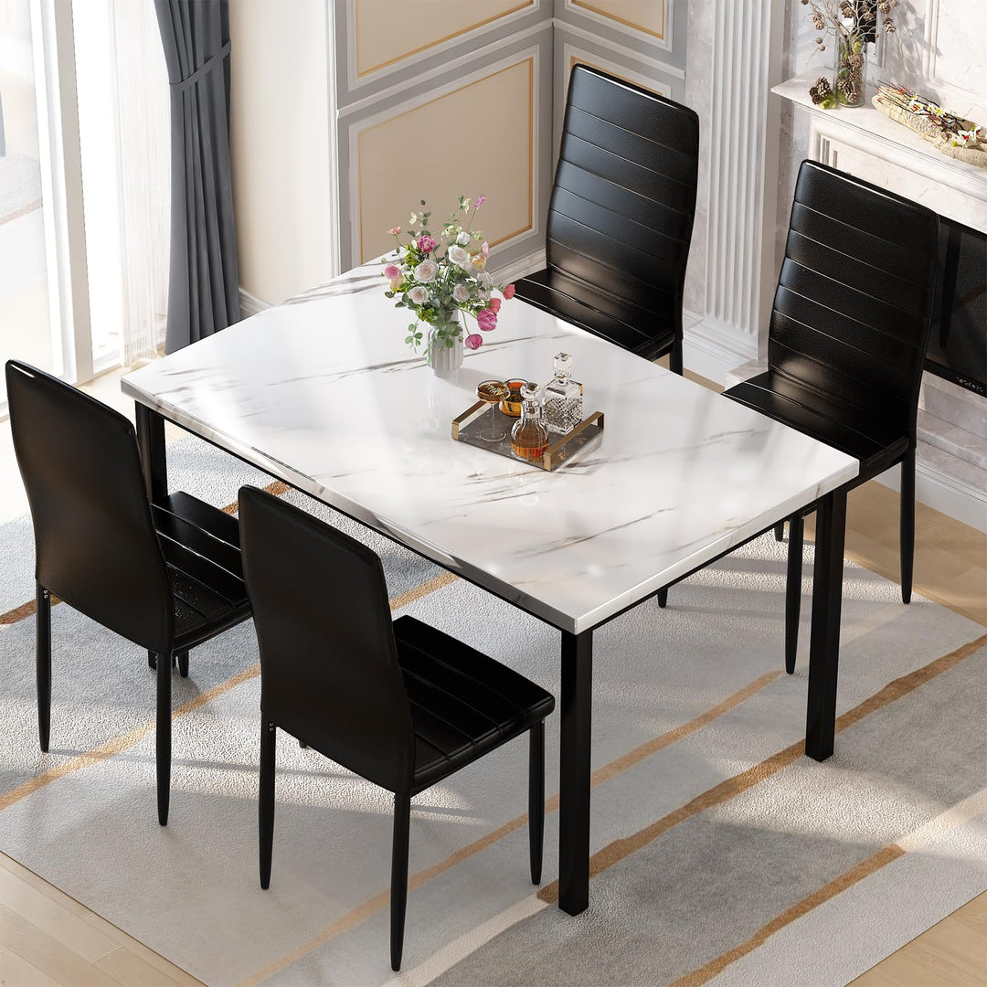 Hooseng 7-Piece Dining Table Set with Faux Marble Table top with 6 PU Leather Chairs