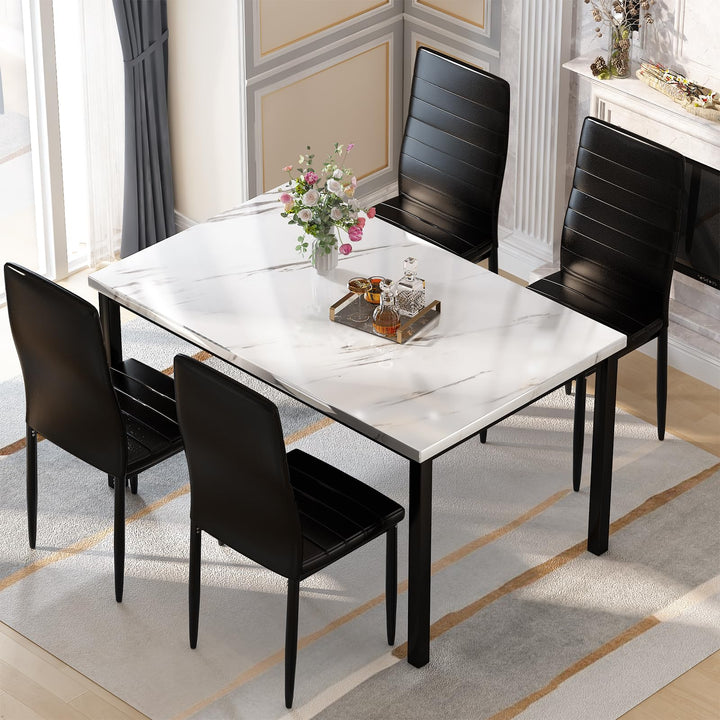Hooseng 7-Piece Dining Table Set with Faux Marble Table top with 6 PU Leather Chairs