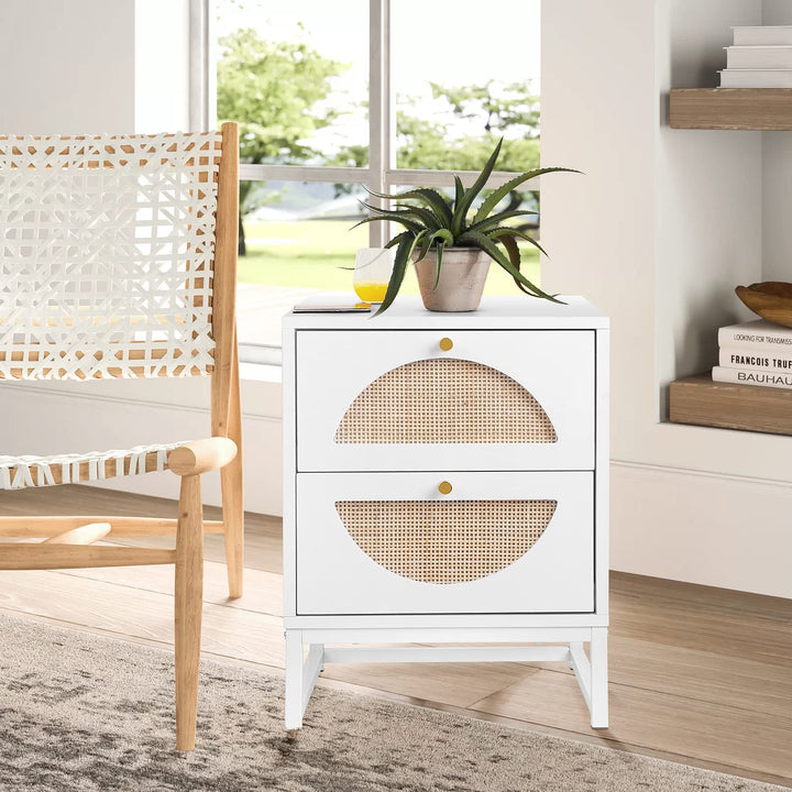 Lamerge Rattan Nightstand Set of 2, Wooden End Table, Modern Side Table with 2 Storage Drawer, Accent Table for Living Room, Bedroom and Small Spaces, Black