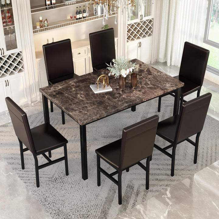 Hooseng 7-Piece Dining Table Set with Faux Marble Table top with 6 PU Leather Chairs