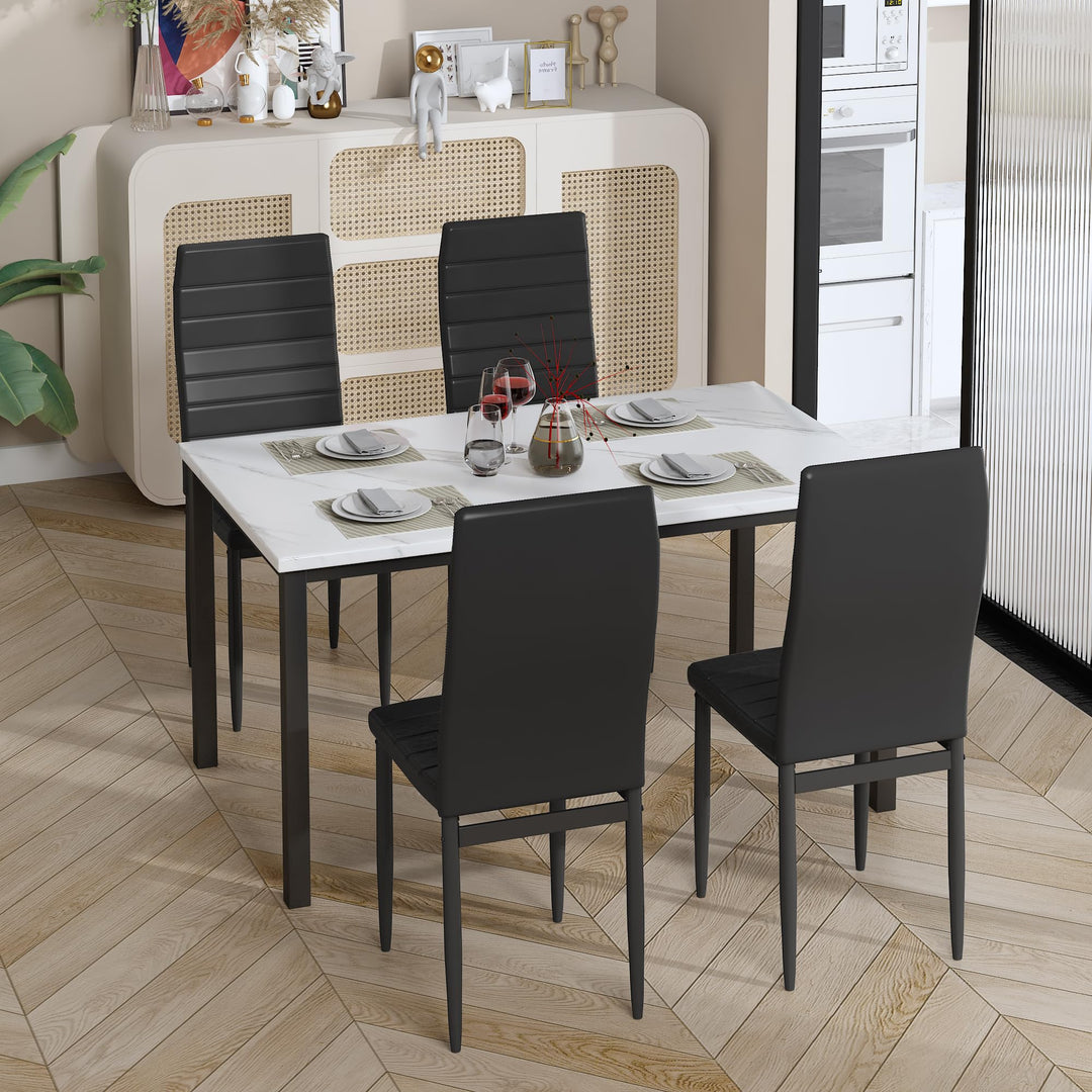 Lamerge Kitchen Tables Set for 4, Dining Faux Marble Top Table and 4 PU Leather Chairs, 5 Pieces Dining Room Table Set for Small Space, Breakfast Nook and Apartment,White+beige,Dining Table024