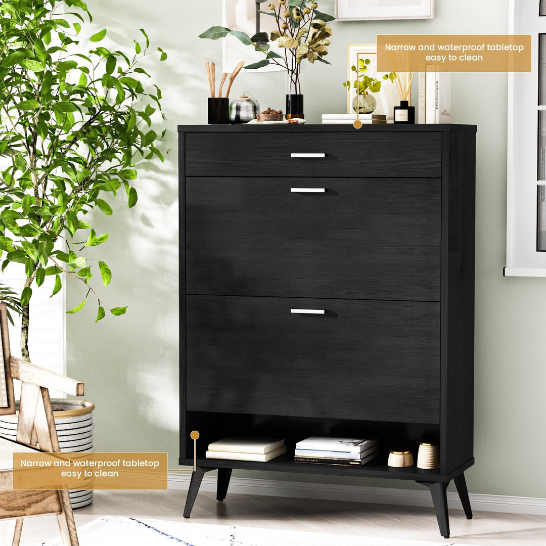 Lamerge Shoe Storage Cabinet for Entryway, Free Standing Shoe Organizer with 2 Flip Drawers,Hidden Shoe Rack Storage Organizer for Doorway Hallway, Black