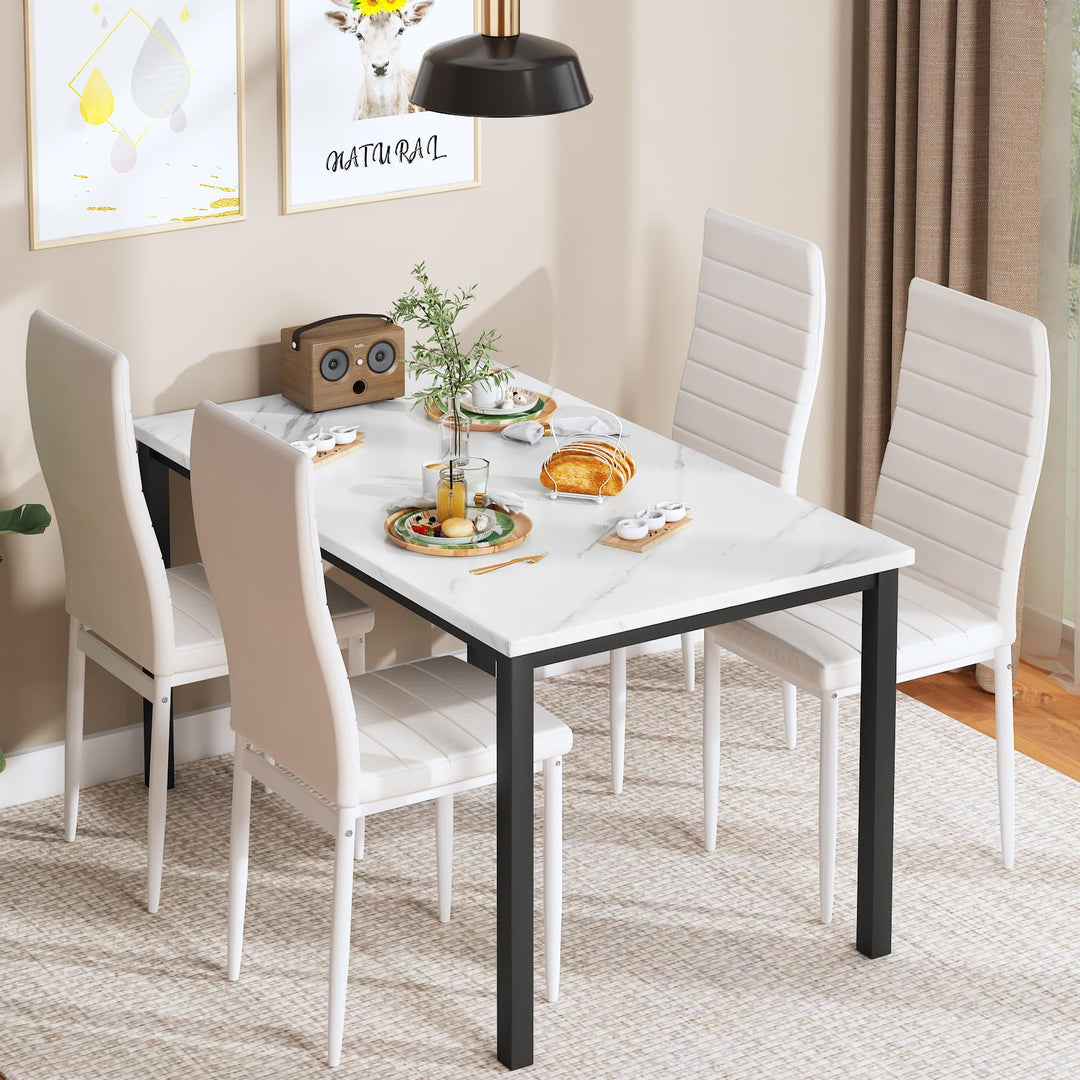 Lamerge Kitchen Tables Set for 4, Dining Faux Marble Top Table and 4 PU Leather Chairs, 5 Pieces Dining Room Table Set for Small Space, Breakfast Nook and Apartment,White+beige,Dining Table024