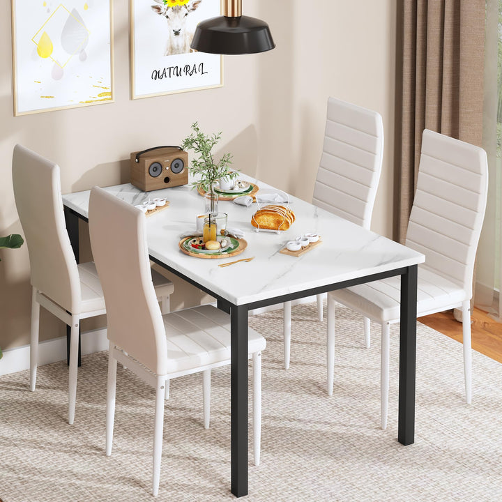 Lamerge Kitchen Tables Set for 4, Dining Faux Marble Top Table and 4 PU Leather Chairs, 5 Pieces Dining Room Table Set for Small Space, Breakfast Nook and Apartment,White+beige,Dining Table024
