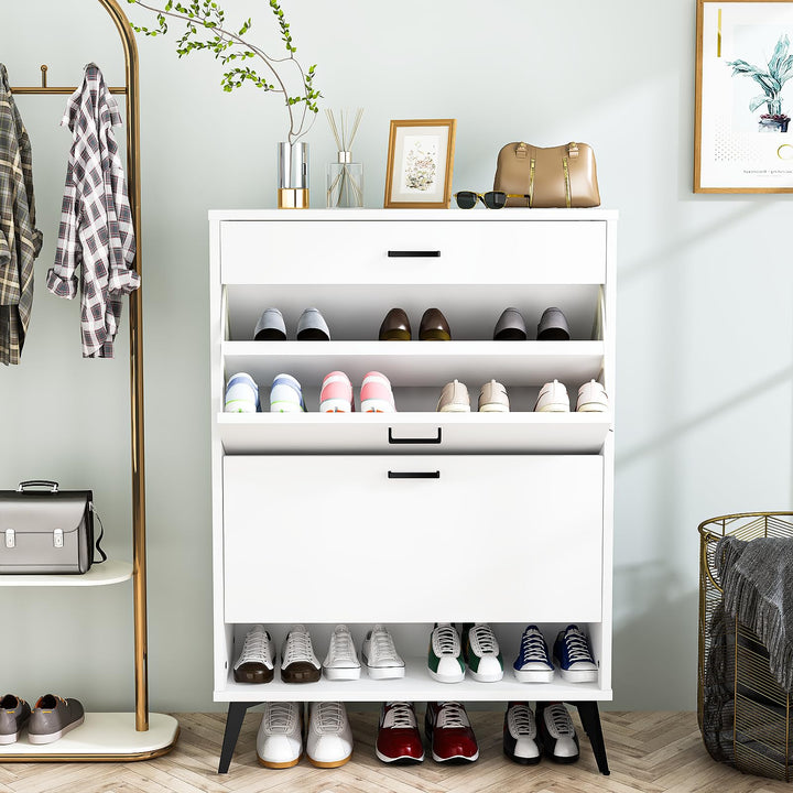 Lamerge Shoe Storage Cabinet for Entryway, Free Standing Shoe Organizer with 2 Flip Drawers,Hidden Shoe Rack Storage Organizer for Doorway Hallway, Black