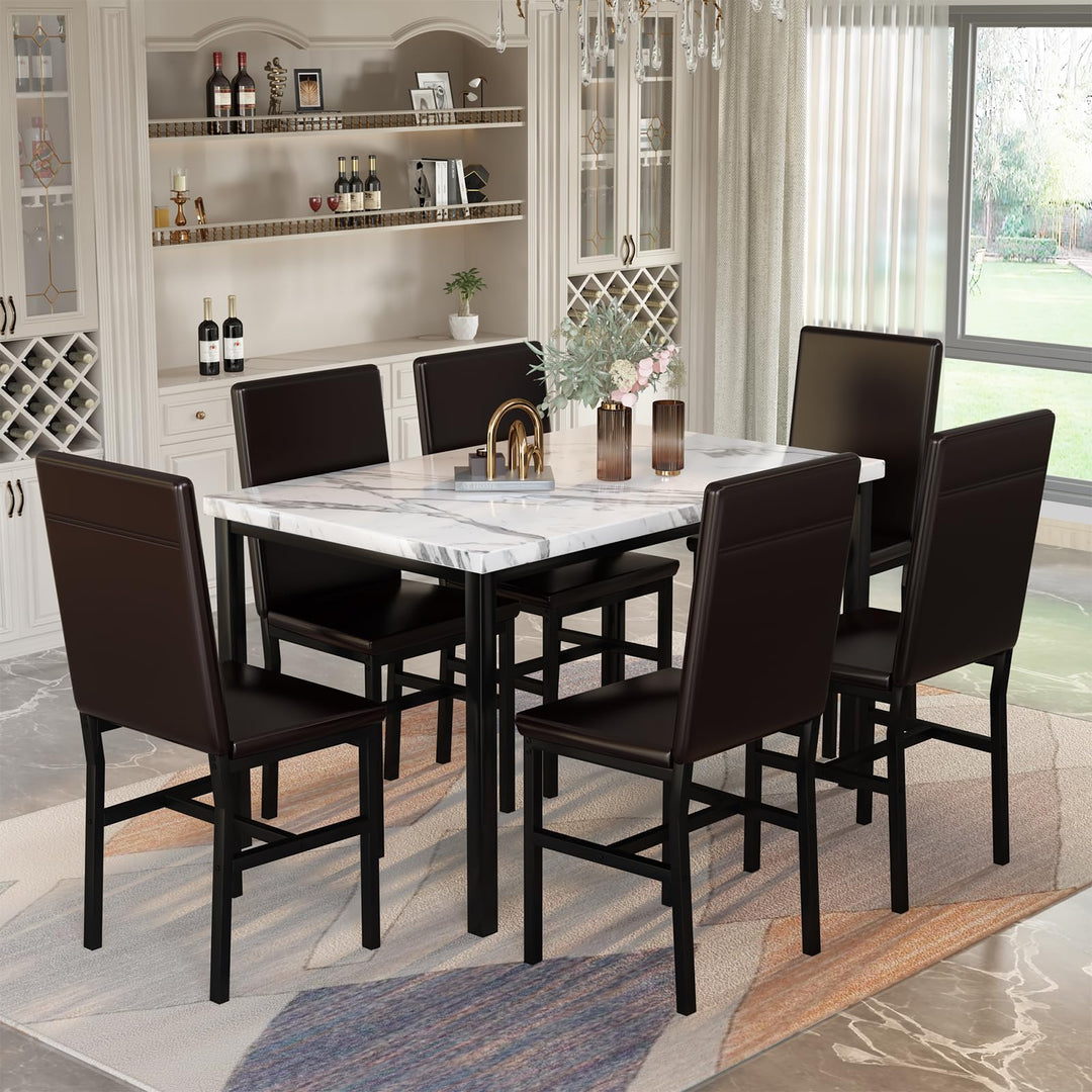 Hooseng 7-Piece Dining Table Set with Faux Marble Table top with 6 PU Leather Chairs