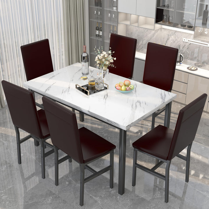 Hooseng 7-Piece Dining Table Set with Faux Marble Table top with 6 PU Leather Chairs