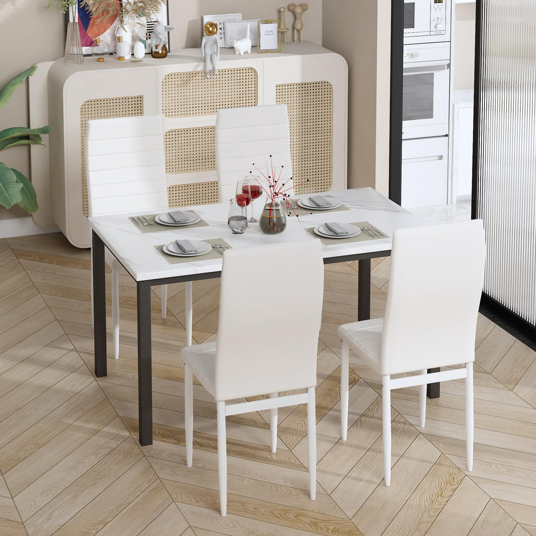 Lamerge Kitchen Tables Set for 4, Dining Faux Marble Top Table and 4 PU Leather Chairs, 5 Pieces Dining Room Table Set for Small Space, Breakfast Nook and Apartment,White+beige,Dining Table024