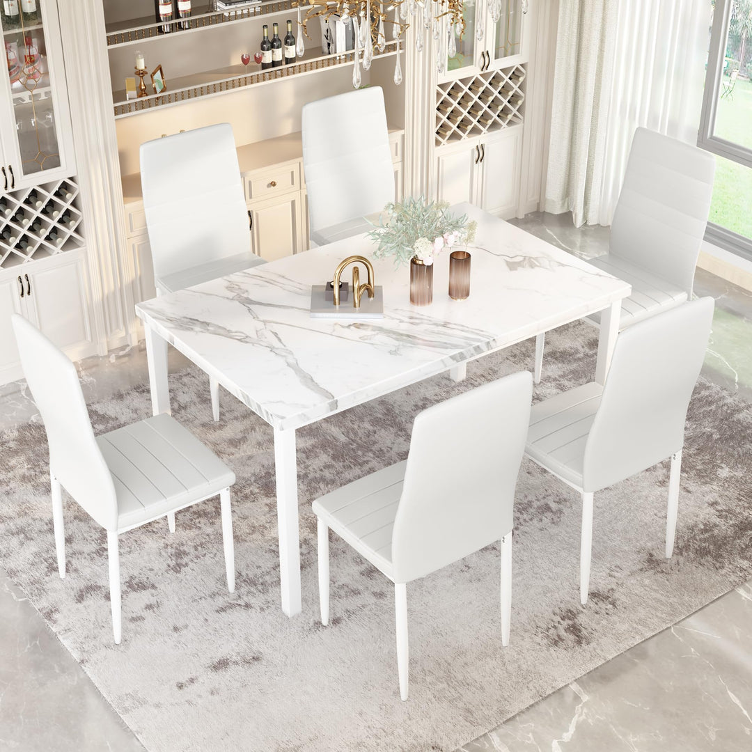 Hooseng 7-Piece Dining Table Set with Faux Marble Table top with 6 PU Leather Chairs