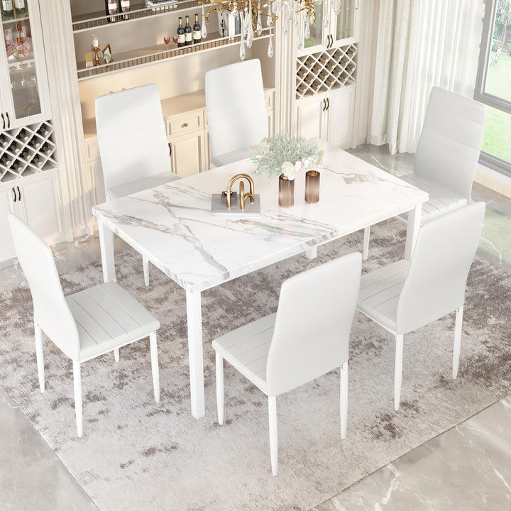 Hooseng 7-Piece Dining Table Set with Faux Marble Table top with 6 PU Leather Chairs