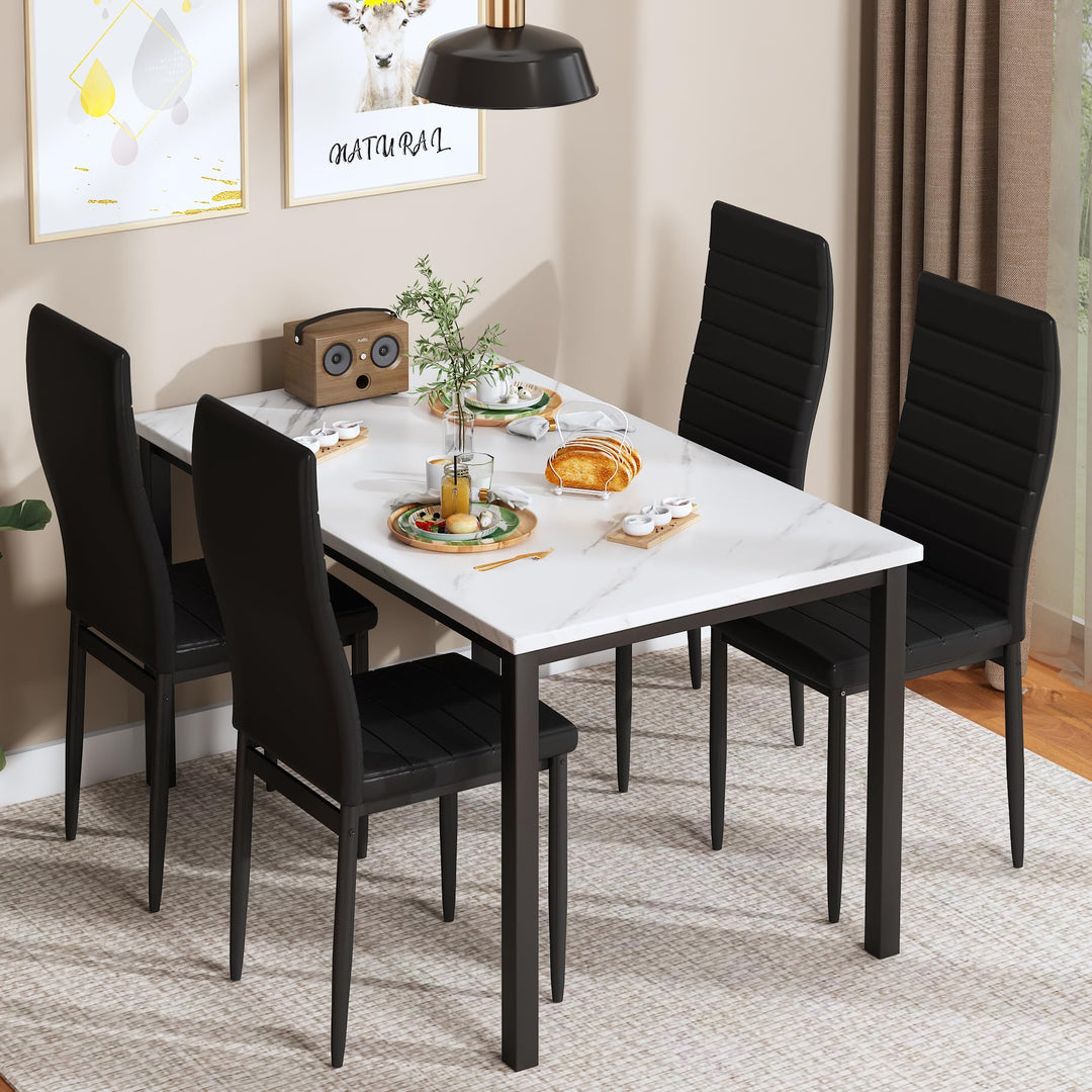 Lamerge Kitchen Tables Set for 4, Dining Faux Marble Top Table and 4 PU Leather Chairs, 5 Pieces Dining Room Table Set for Small Space, Breakfast Nook and Apartment,White+beige,Dining Table024